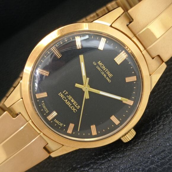 Vintage 1975 Montine Of SwitzerlandManual Mens Gold Watch W/Gold Strap